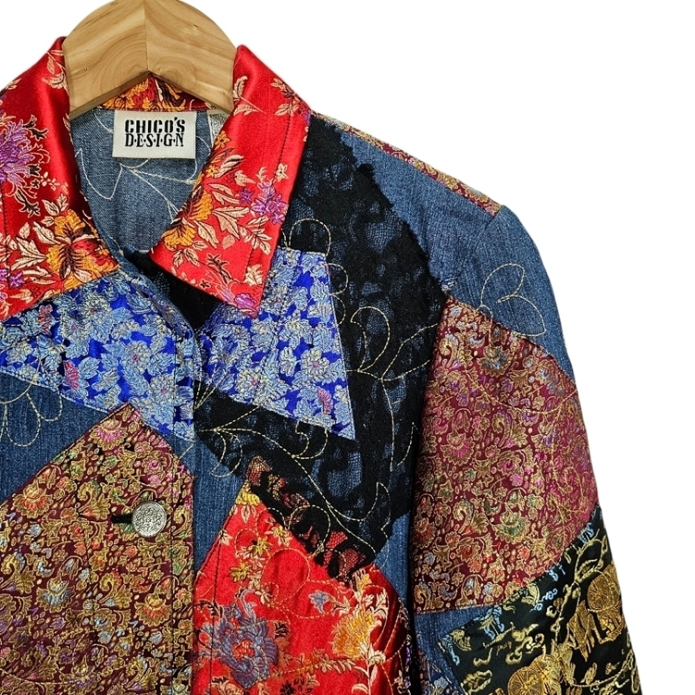 Chicos Patchwork Denim Jacket Womens Size Small Boho Jacquard Festival Vintage - Picture 12 of 16